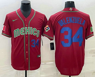 Men%27s Mexico Baseball #34 Fernando Valenzuela Number 2023 Red Blue World Baseball Classic Stitched Jerseys